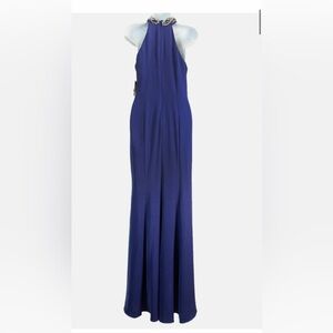 Ignite Evenings Blue Gown with rhinestone embellishment neckline.
